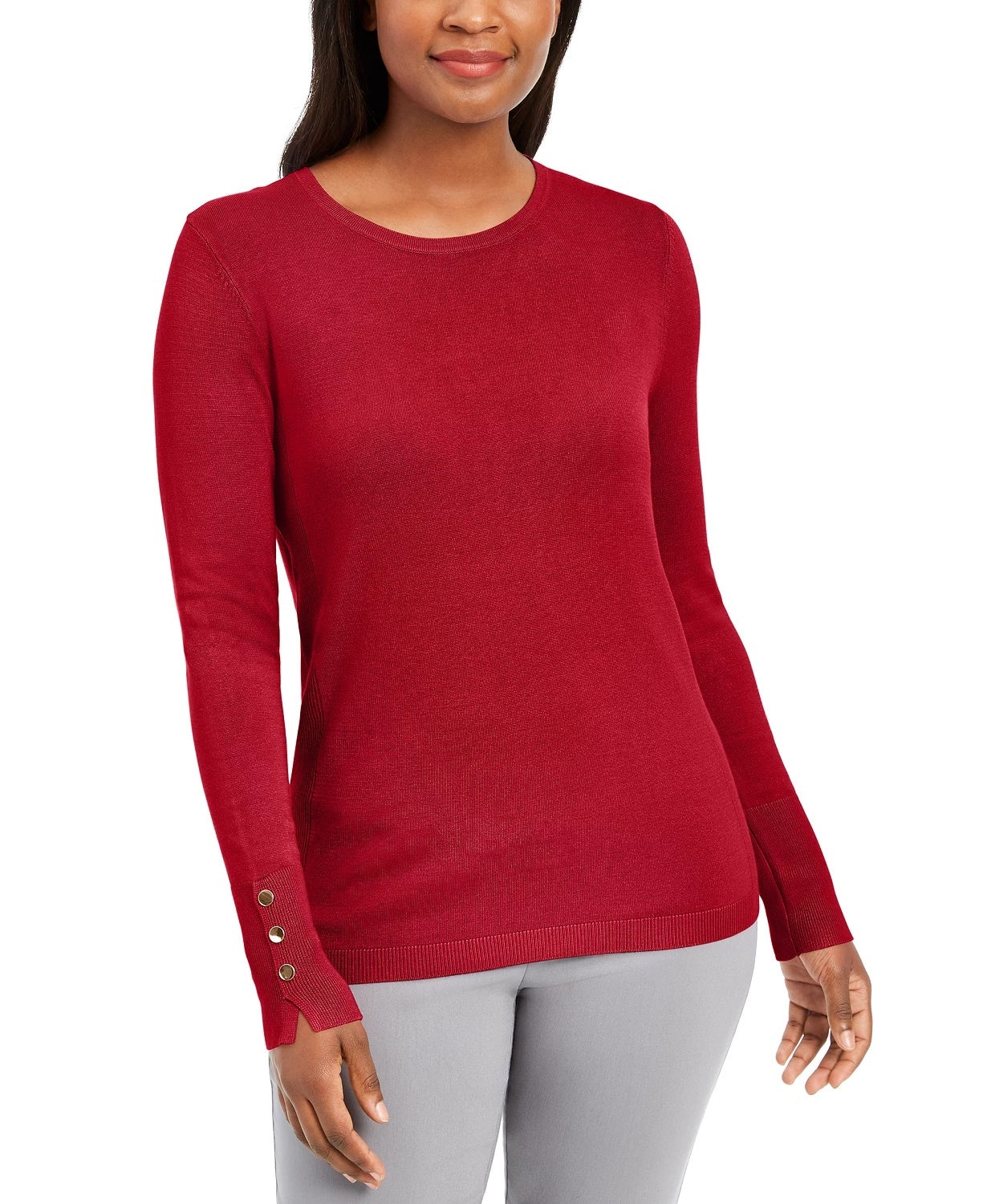 JM Women's Collection Button-Cuff Crewneck Sweater Red Size XX Large