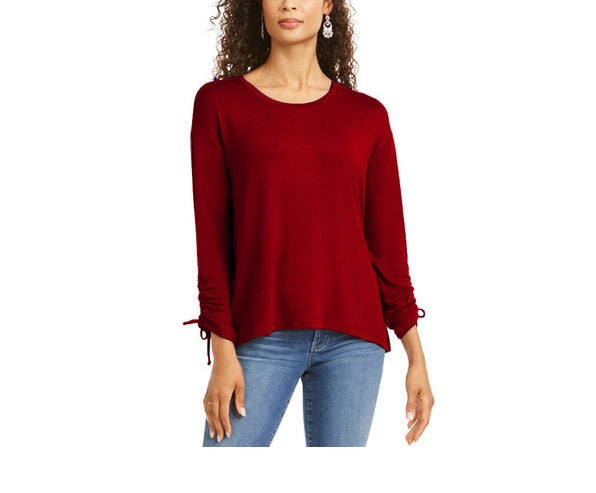 Style & Co Women's Drawstring Tie-Cuff Top Dark Red Size Small
