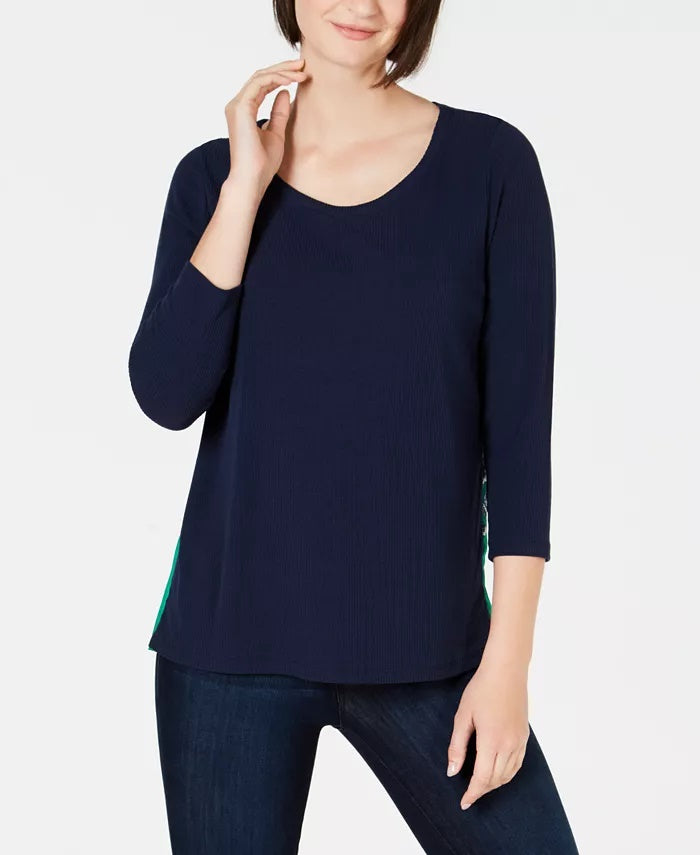 Charter Club Women's Contrast Pleated Back Ribbed Top Blue Size XX-Large