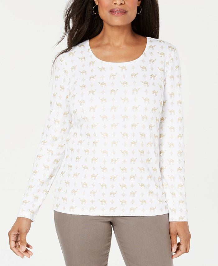 Karen Scott Women's Shimmer Camel-Print Top White Size Small