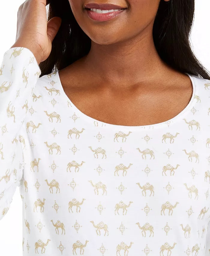 Karen Scott Women's Shimmer Camel-Print Top White Size Small