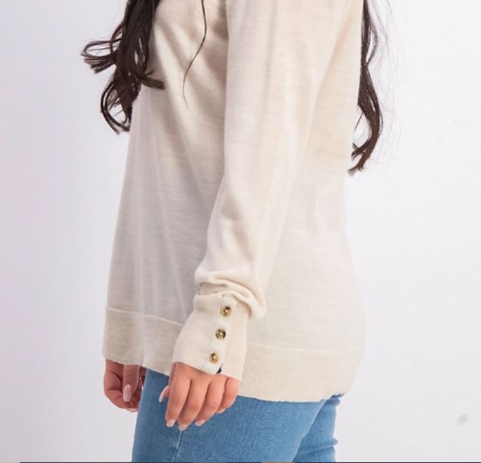 Charter Club Women's Merino Wool Button Cuff Crewneck Sweater Beige Size Medium