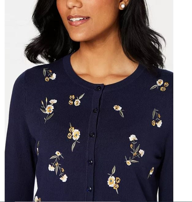 Charter Club Women's Floral Embroidered Cardigan Blue Size X-Large