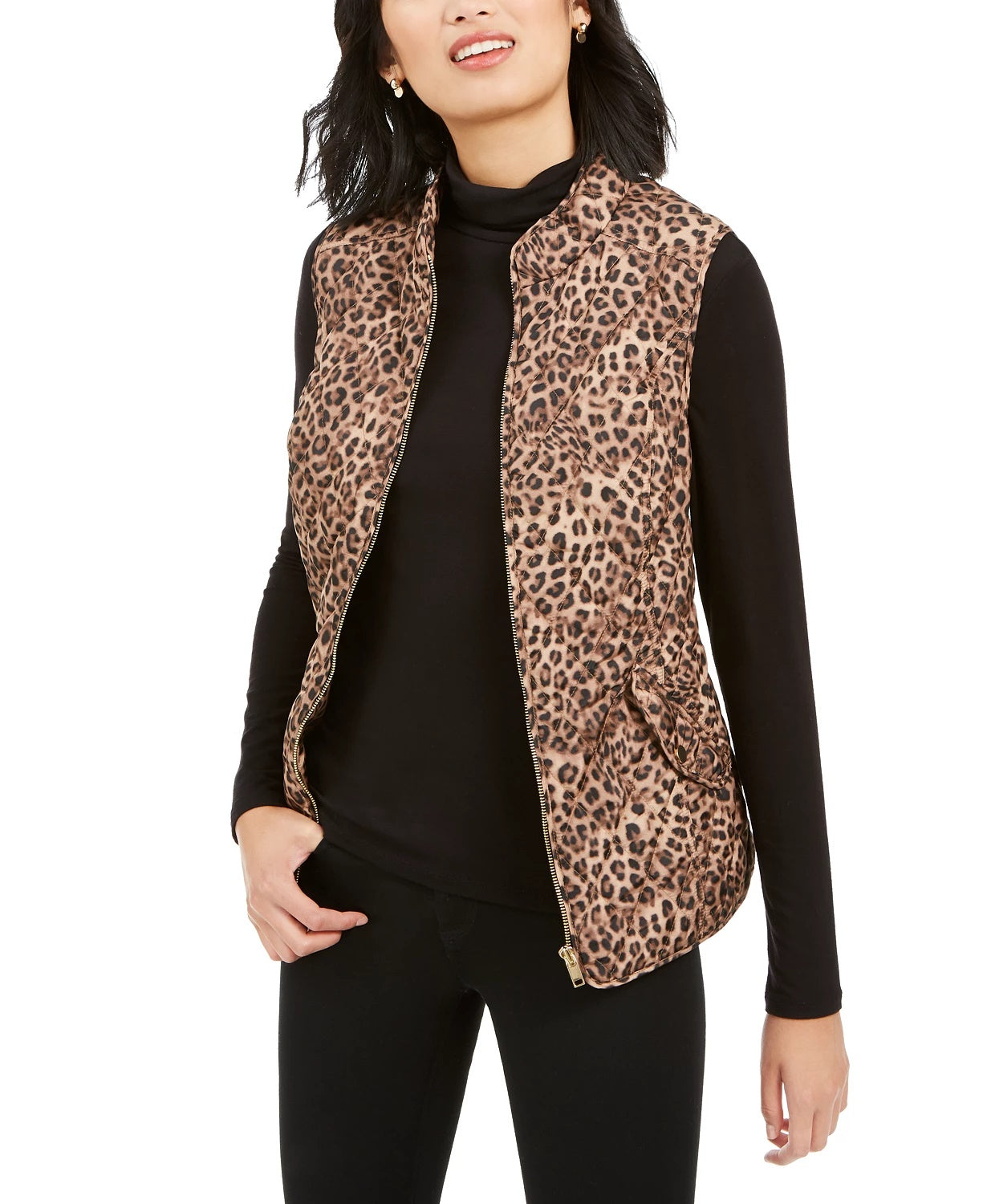 Charter Club Women's Animal-Print Quilted Vest Beige Size Extra Small