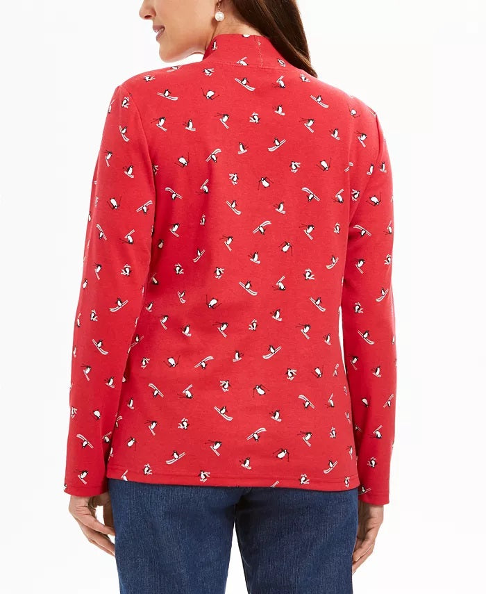 Karen Scott Women's Skiing Penguins Printed Mock-Neck Top Bright Red Size Medium