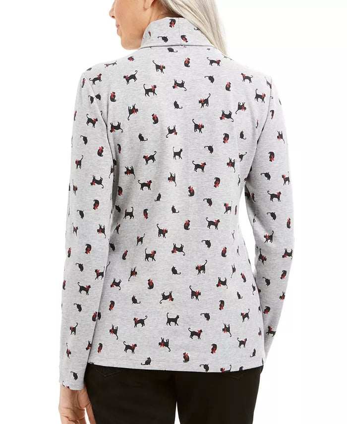 Karen Scott Women's Cat & Bow Printed Turtleneck Top Grey Size X-Large