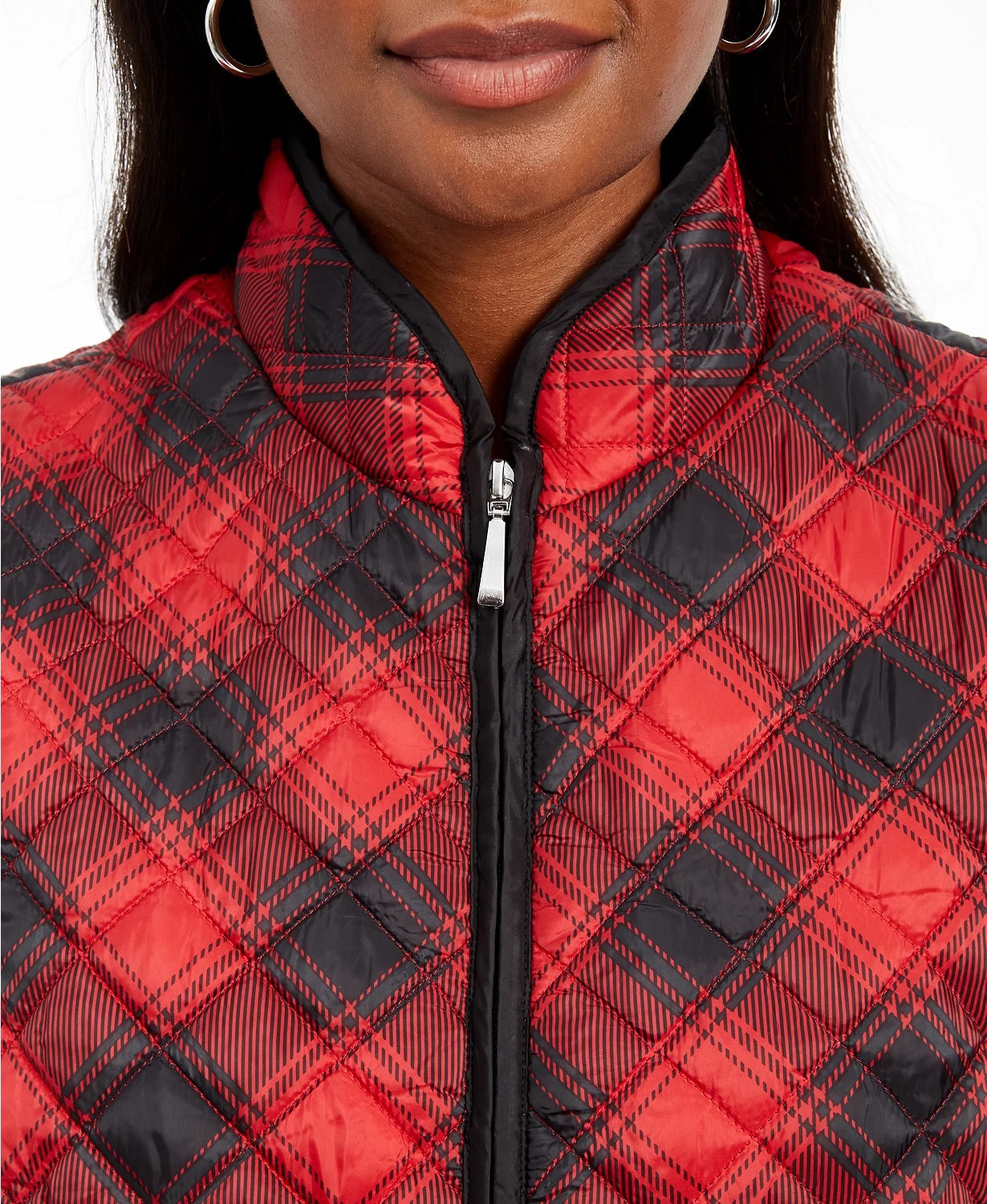 Karen Scott Women's Sport Plaid Puffer Vest Bright Red Size Large