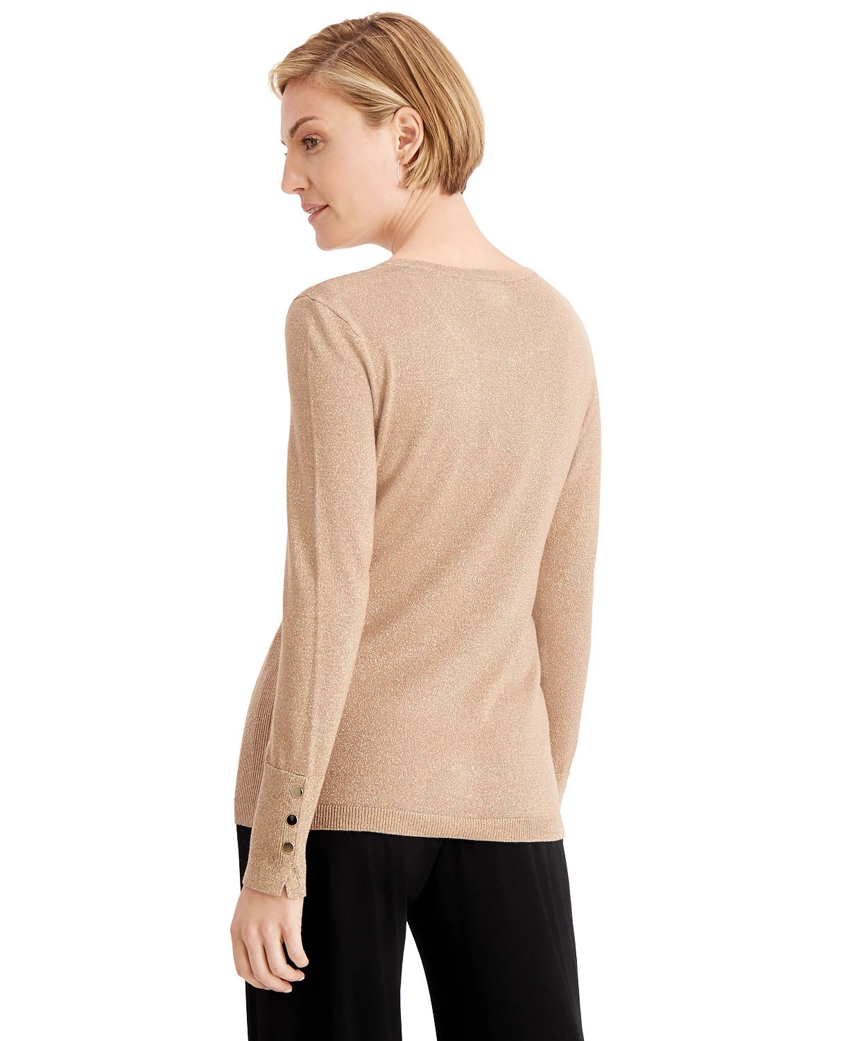 JM Women's Collection Metallic Round-Neck Stud-Cuff Sweater Gold Size XX Large
