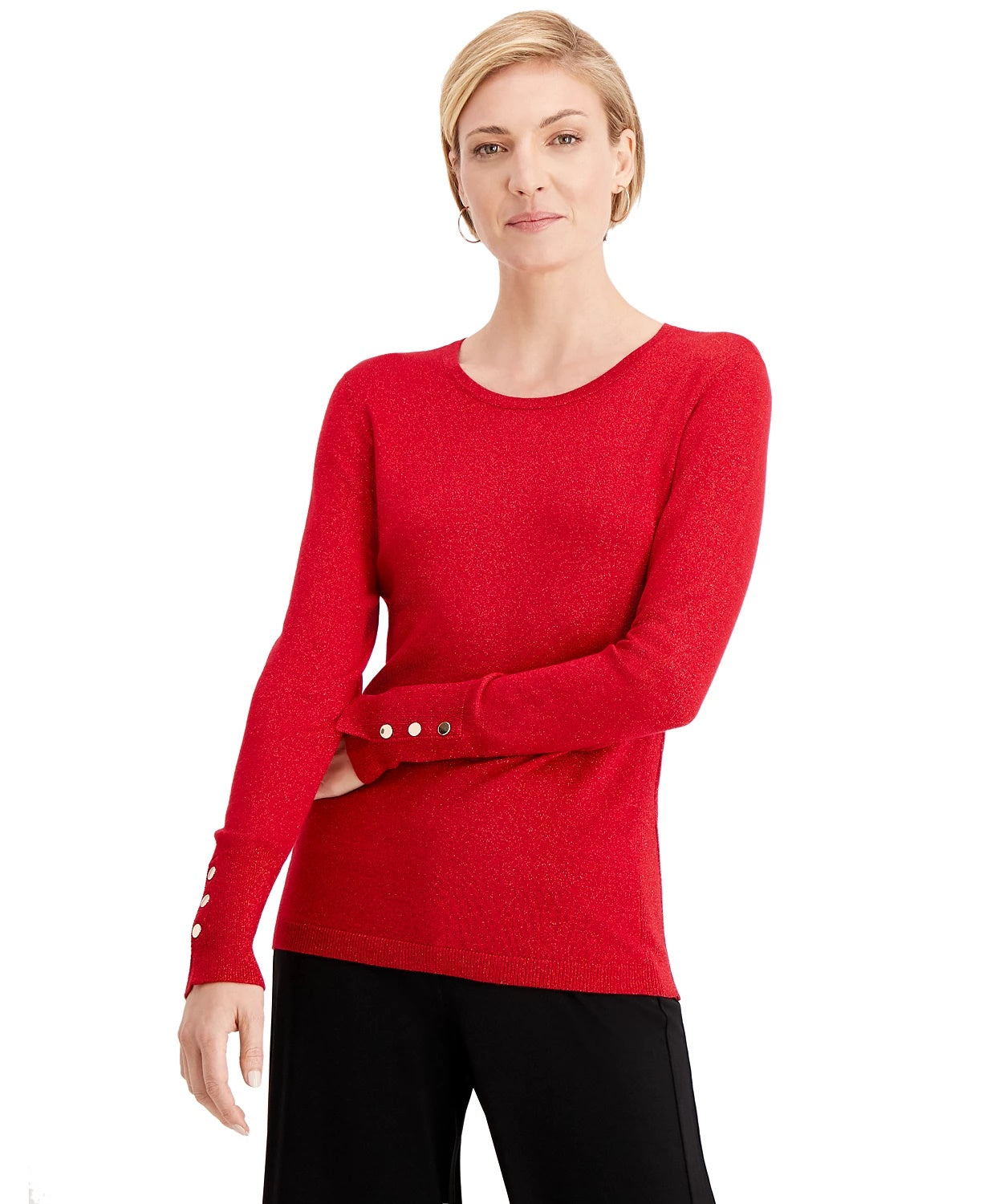 JM Women's Collection Metallic Round-Neck Stud-Cuff Sweater Bright Red Size XX Large