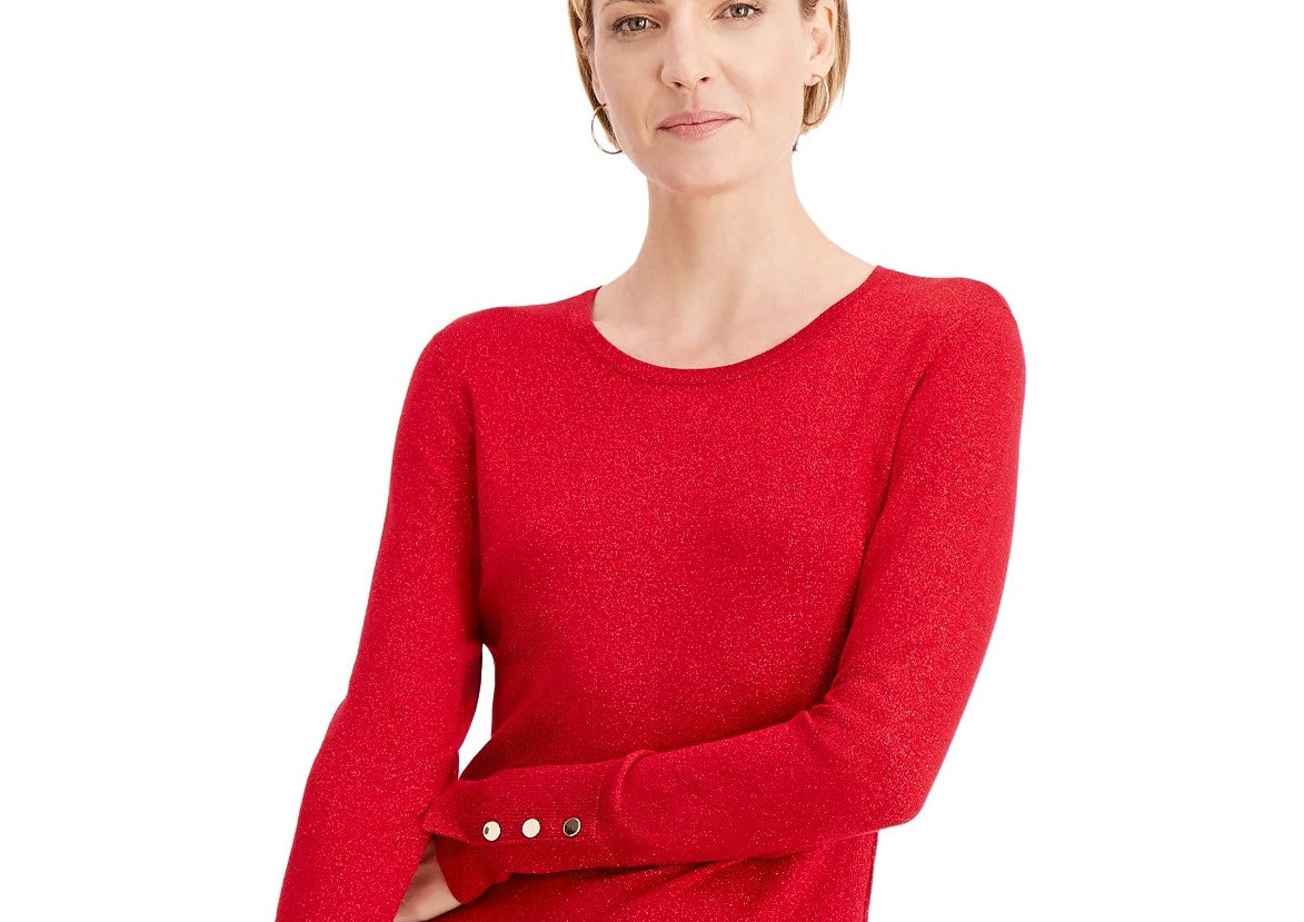JM Women's Collection Metallic Round-Neck Stud-Cuff Sweater Bright Red Size XX Large