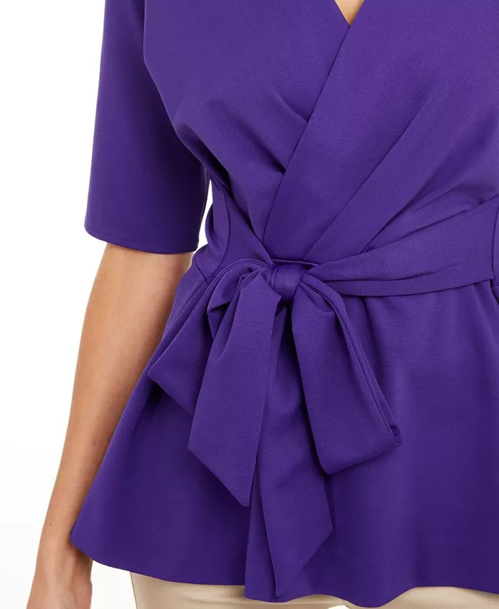 Alfani Women's Faux-Wrap Tie-Front Peplum Blouse Purple Size Extra Large