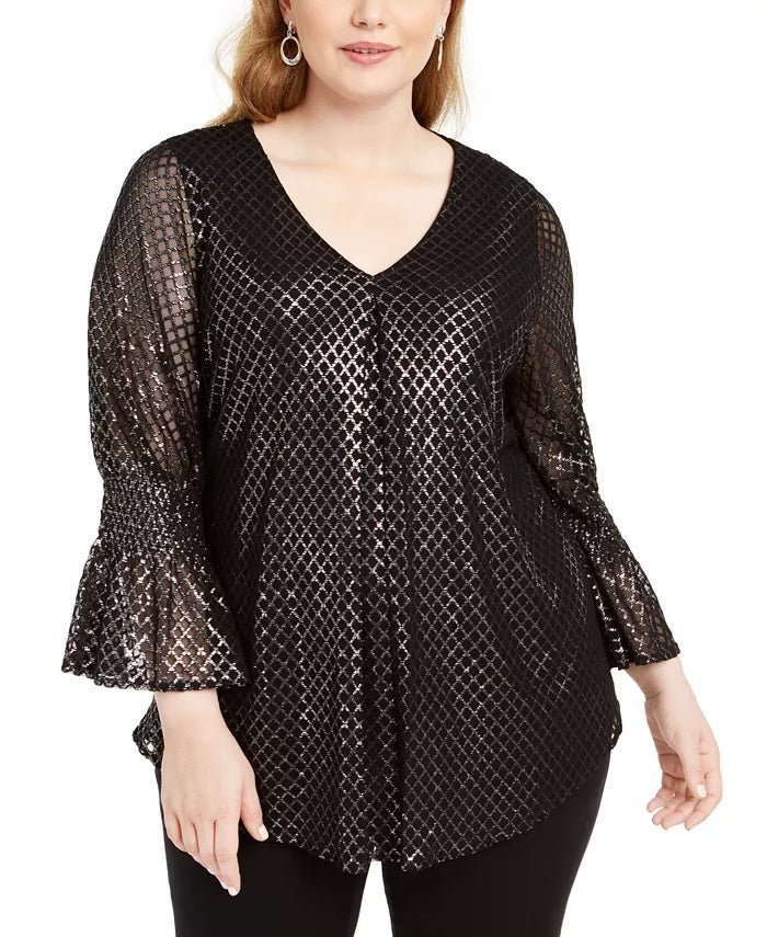 Alfani Women's Plus Size Metallic-Print Bell-Sleeve Top Gray Size 3X