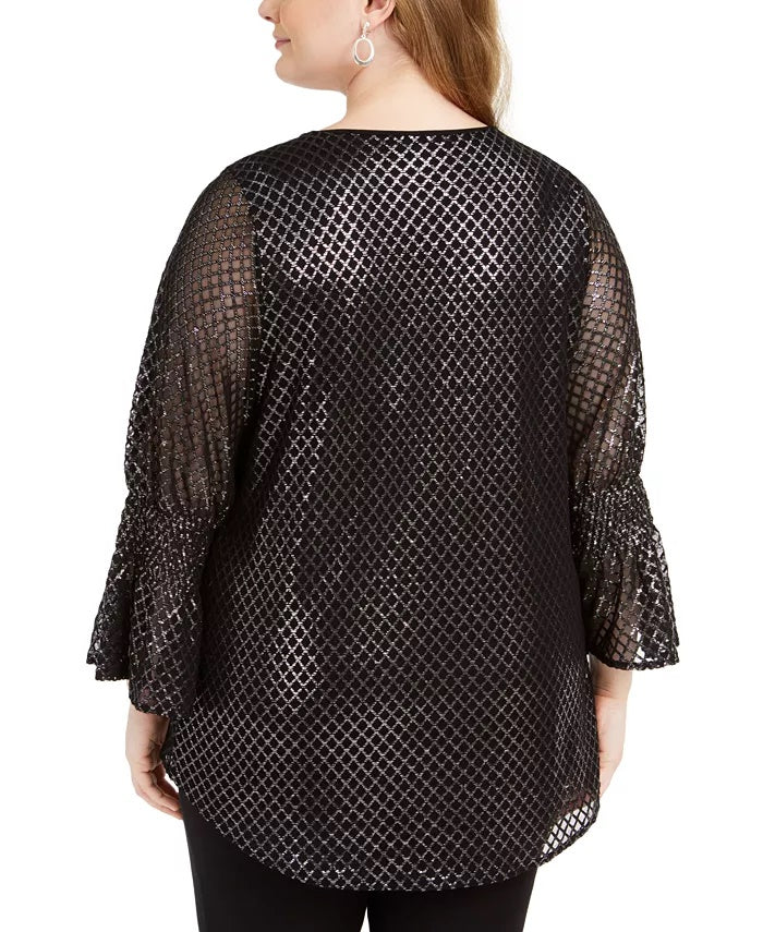 Alfani Women's Plus Size Metallic-Print Bell-Sleeve Top Gray Size 3X