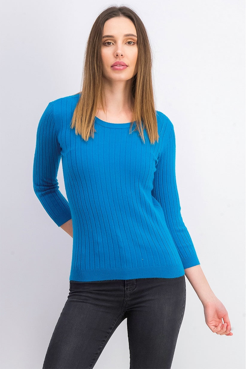 Maison Jules Women's Ribbed Crew Neck Sweater Blue Size Large