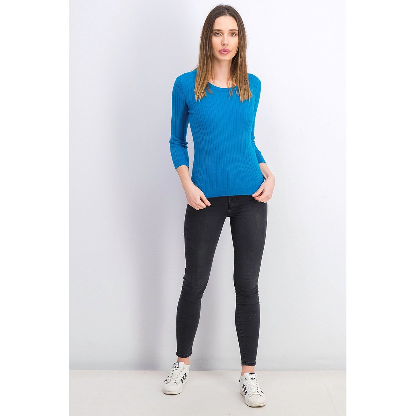 Maison Jules Women's Ribbed Crew Neck Sweater Blue Size Large
