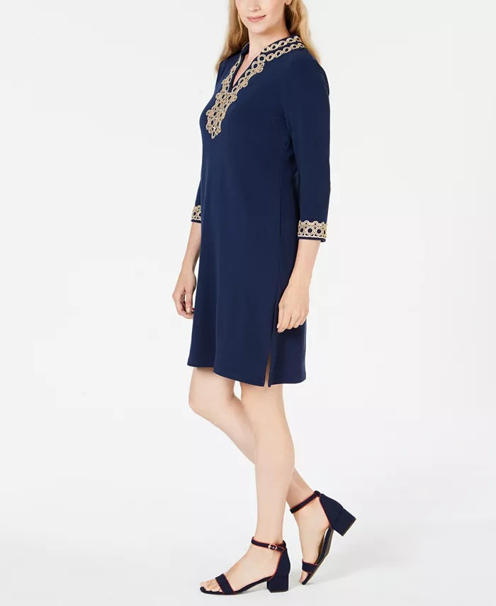 Charter Club Women's Braided-Trim Shift Dress Blue Size Extra Large