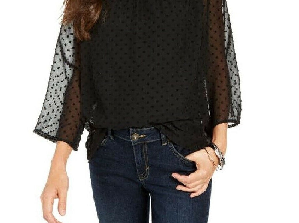 Style & Co Women's Mixed-Media Sheer-Sleeve Blouse Black Size Large