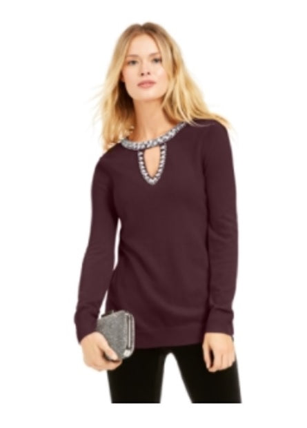 INC International Concepts Women's Embellished Keyhole Sweater Red Size X-Small