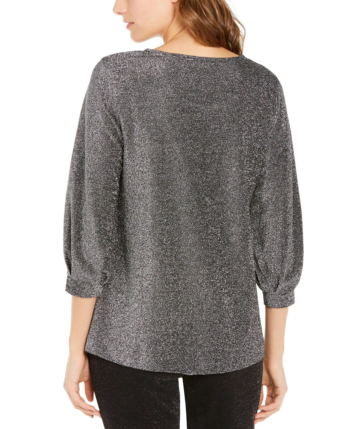 Alfani Women's Metallic-Knit Bishop-Sleeve Top Gray Size Small