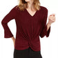 Alfani Women's Striped Metallic Twist Hem Top Wine Size Large