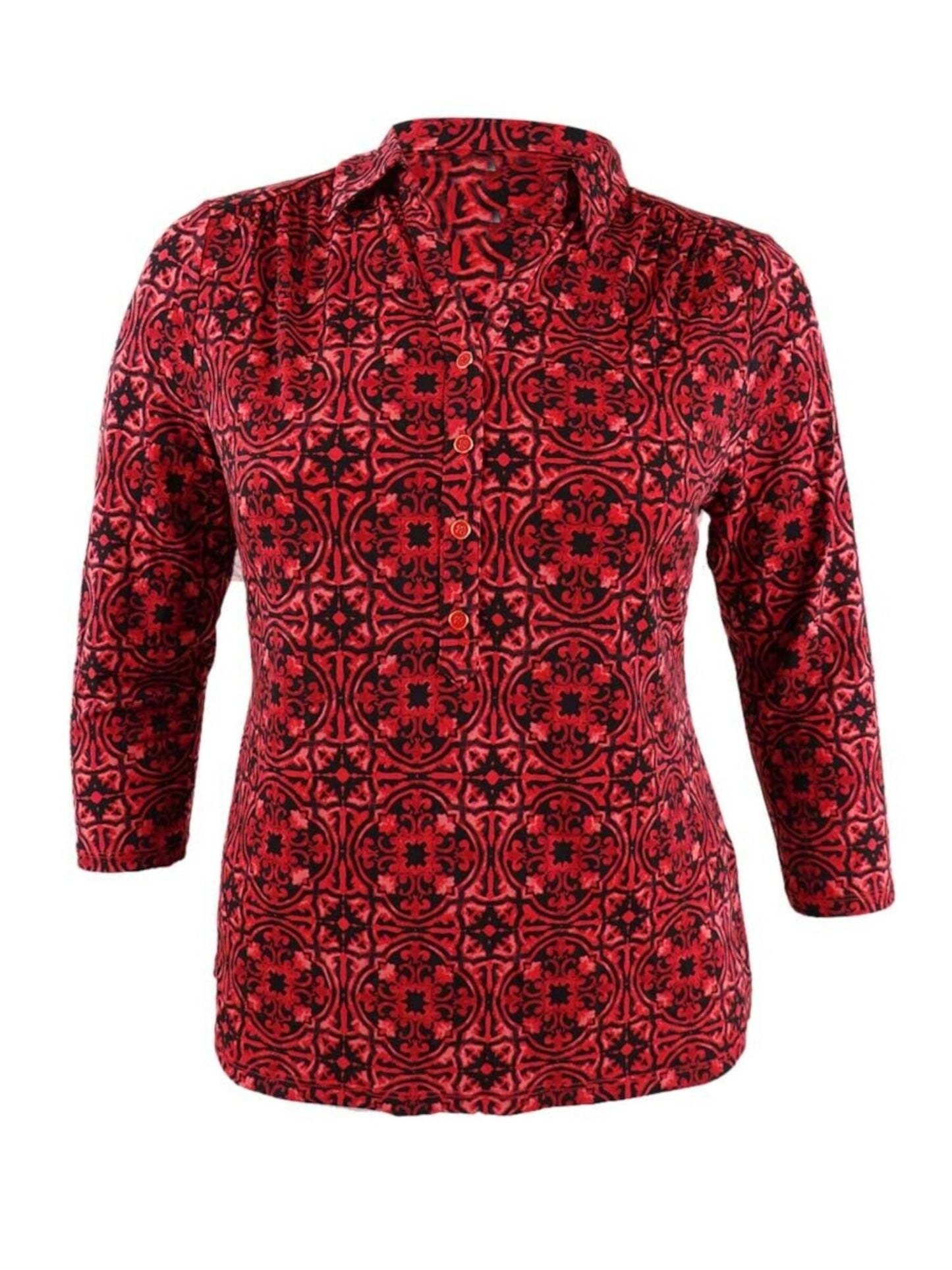 Charter Club Women's 3/4 Sleeve Printed Polo Top Red Size X-Large