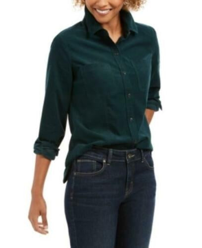 Charter Club Women's Solid Corduroy Shirt Green Size Large