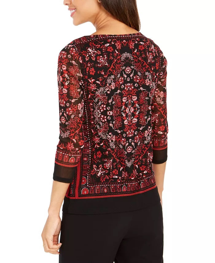 Charter Club Women's Printed Boat-Neck Top Red Size Small