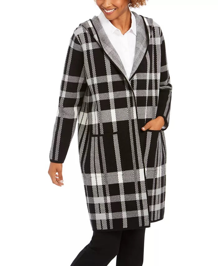 Charter Club Women's Plaid Coatigan Jacket  Black Size Medium