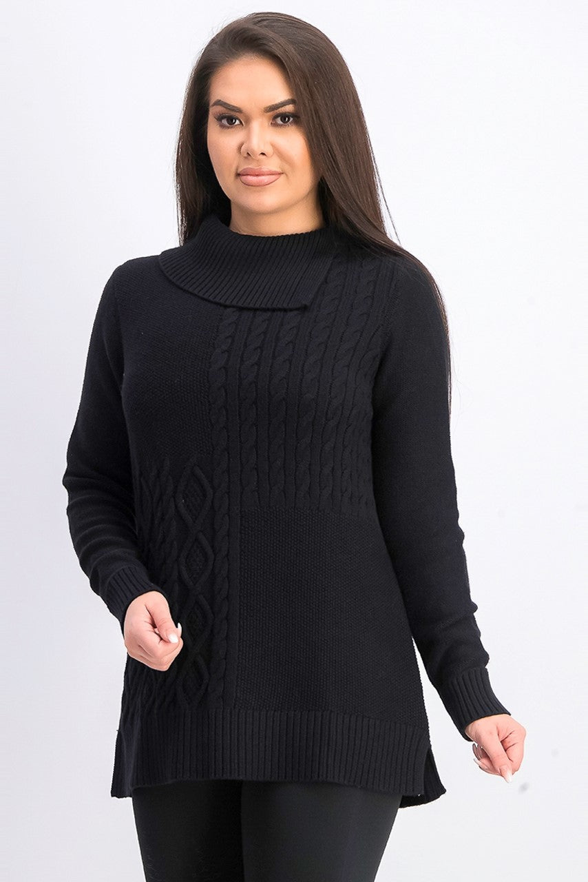 Charter Club Women's Patchwork-Stitch Asymmetrical-Collar Sweater Black Size Large