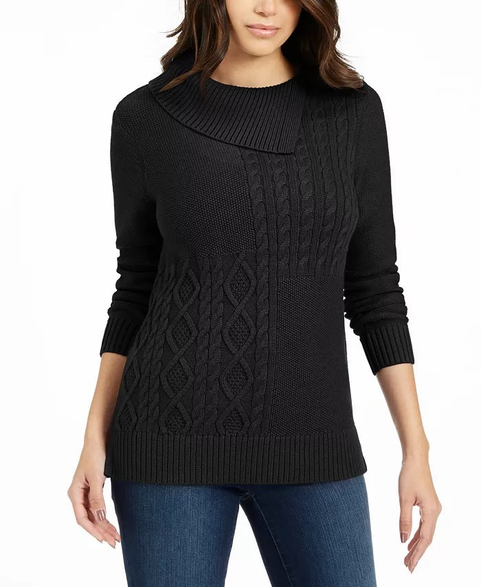 Charter Club Women's Patchwork-Stitch Asymmetrical-Collar Sweater Black Size Medium