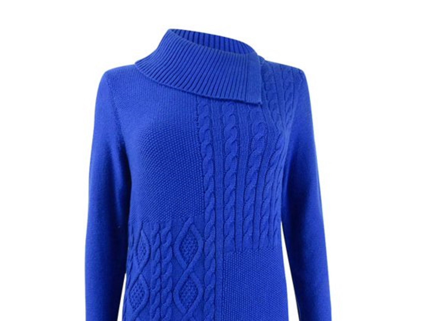 Charter Club Women's Patchwork-Stitch Asymmetrical-Collar Sweater  Blue Size Large
