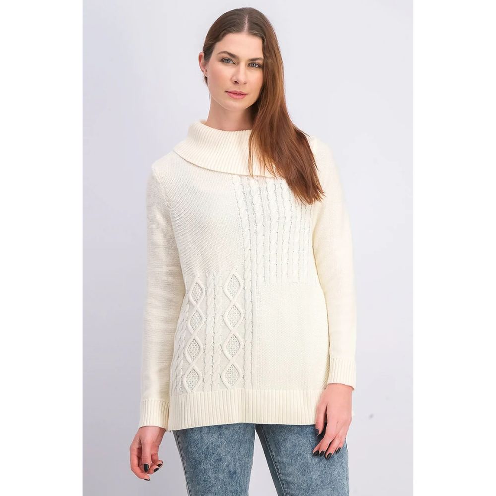 Charter Club Women's Patchwork-Stitch Asymmetrical-Collar Sweater Natural Size XX Large