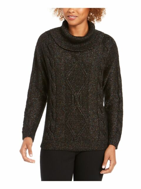 Charter Club Women's Cowl-Neck Cable-Knit Glitter Sweater Black Size Medium