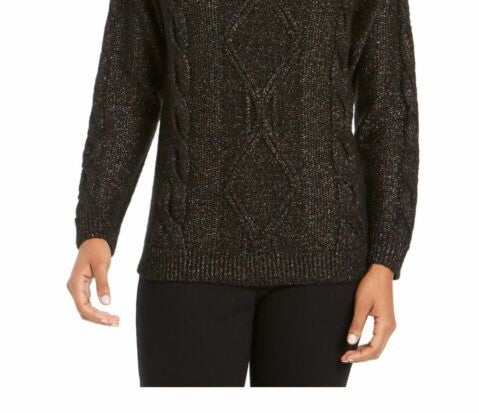 Charter Club Women's Cowl-Neck Cable-Knit Glitter Sweater Black Size Medium