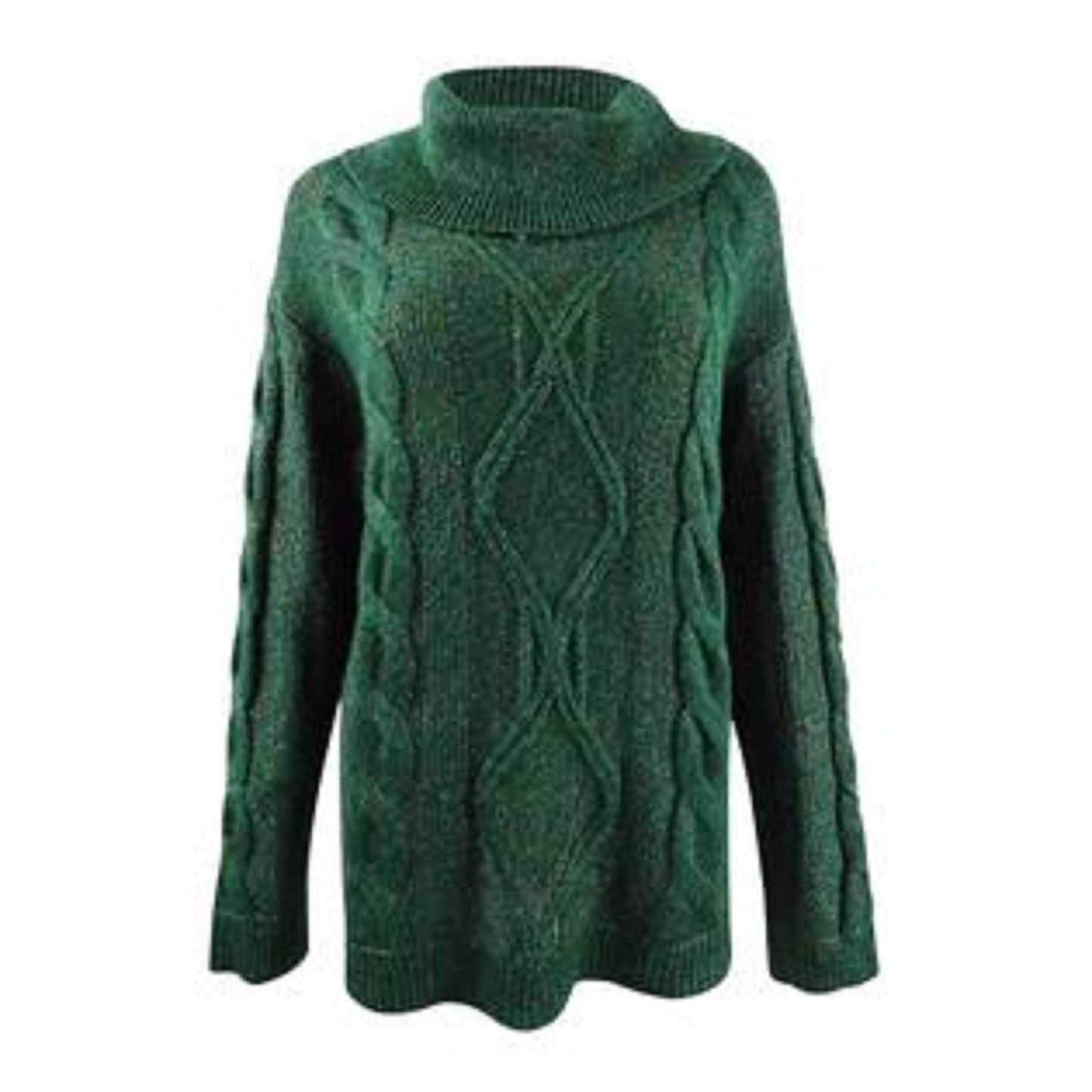 Charter Club Women's Cowl-Neck Cable-Knit Glitter Sweater Dark Green Size Extra Large