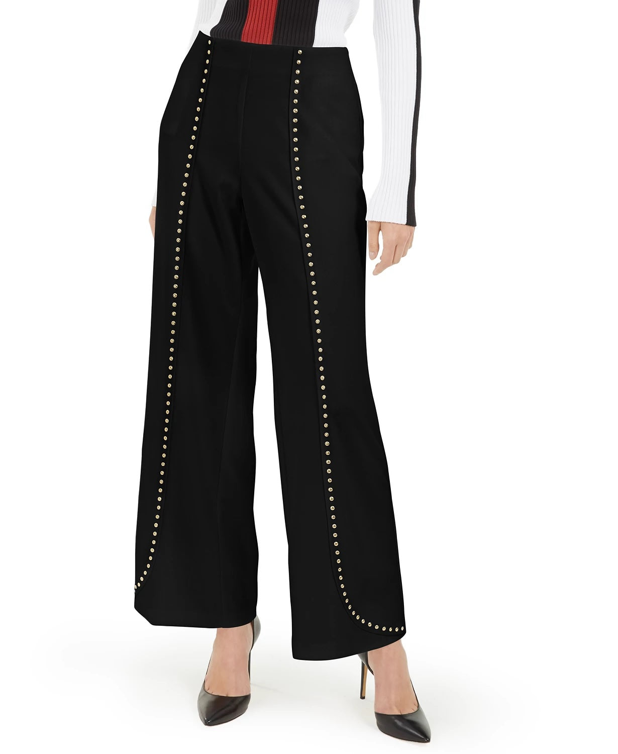 INC International Concepts Women's Petite Studded Crepe Wide-Leg Pants Black Size Petite Large
