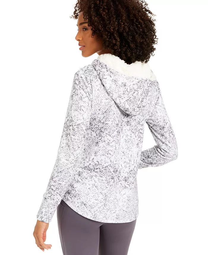 Ideology Women's Snake-Print Rounded-Hem Hoodie White Size X-Small