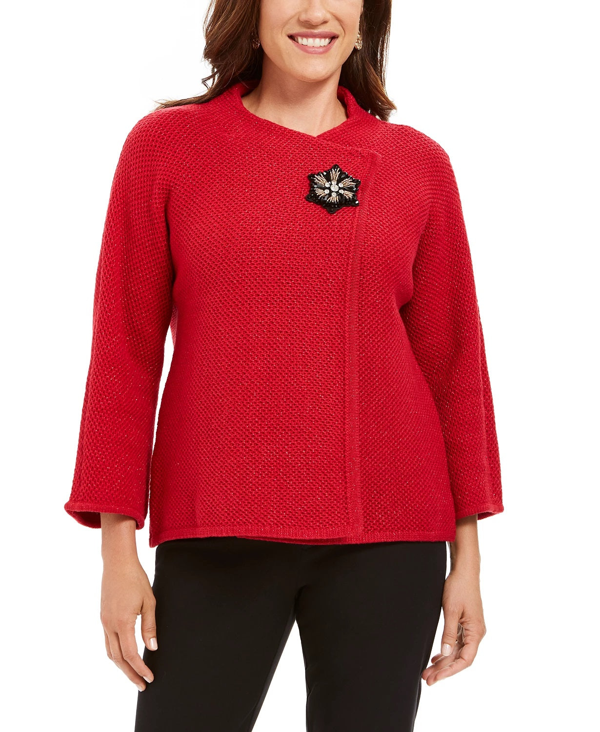 JM Collection Women's Petite Wrap-Front Brooch Sweater Blazer Red Size Medium
