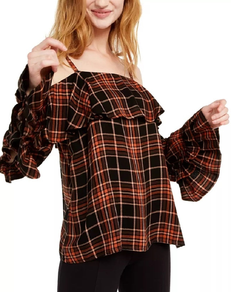 INC International Concepts Women's Ruffled Cold-Shoulder Plaid Top Black Size Medium