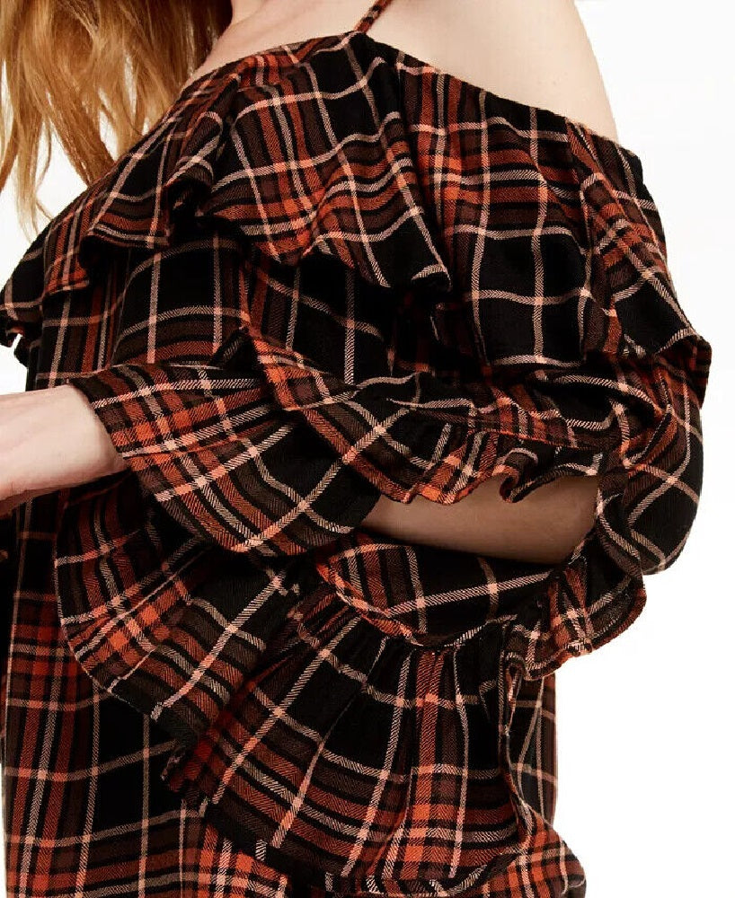 INC International Concepts Women's Ruffled Cold-Shoulder Plaid Top Black Size Medium