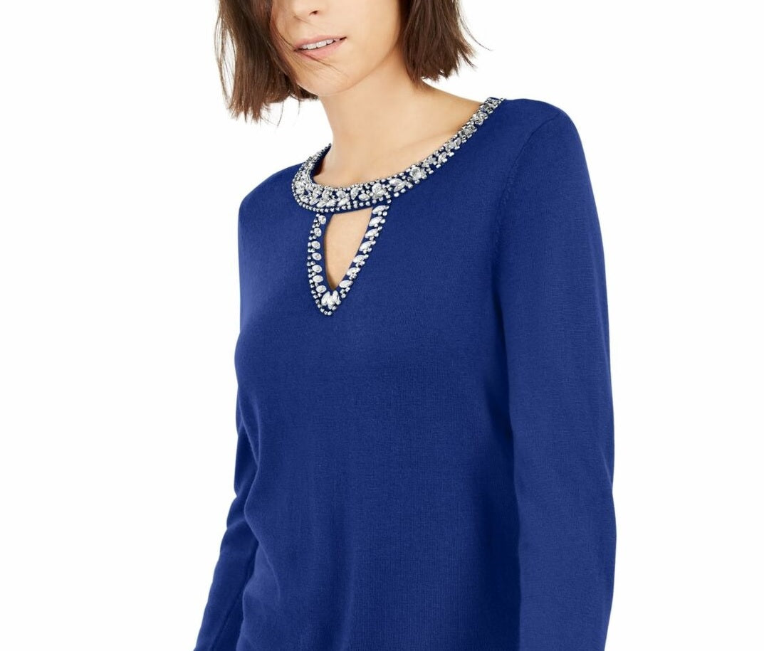 INC International Concepts Women's Embellished Keyhole Sweater Navy Size X-Small