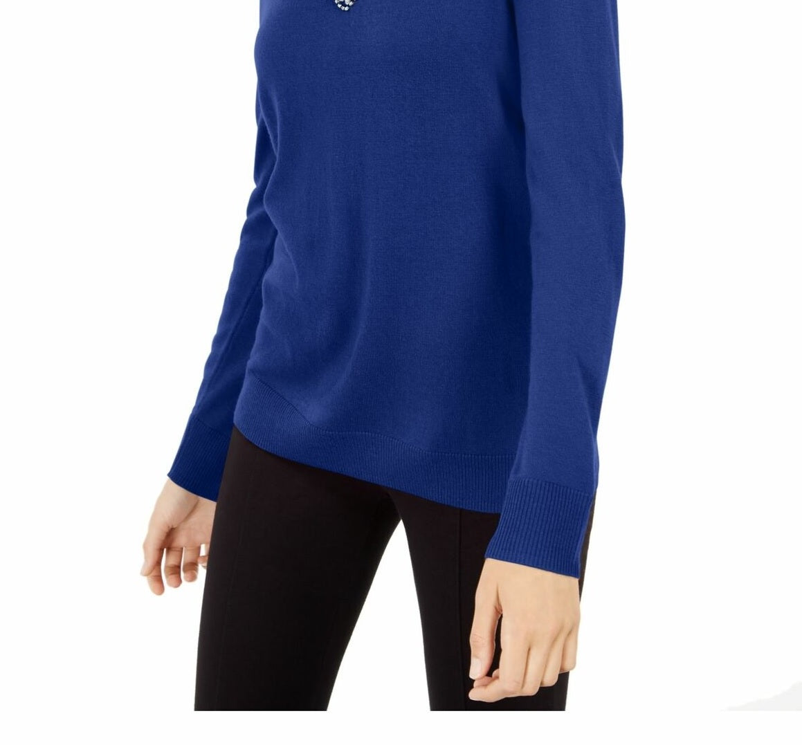 INC International Concepts Women's Embellished Keyhole Sweater Navy Size X-Small
