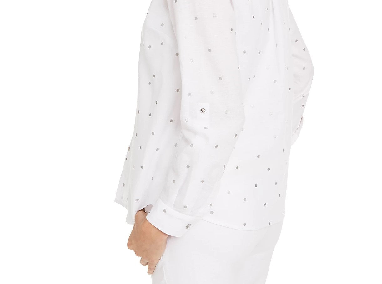 Charter Club Women's Foil-Dot Linen Top White Size Small