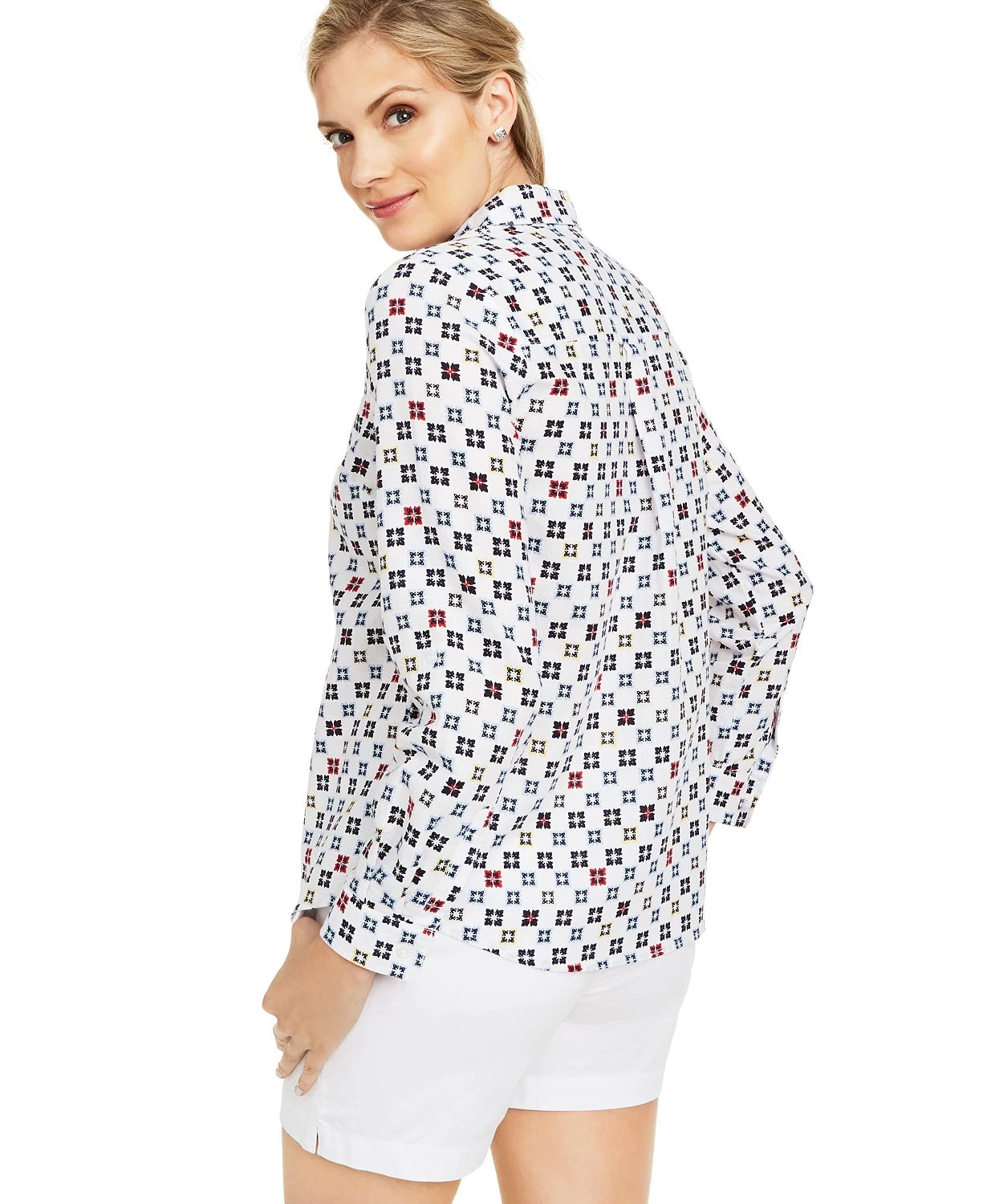 Charter Club Women's Printed Roll Tab Sleeve Linen Blend Top White Size Medium