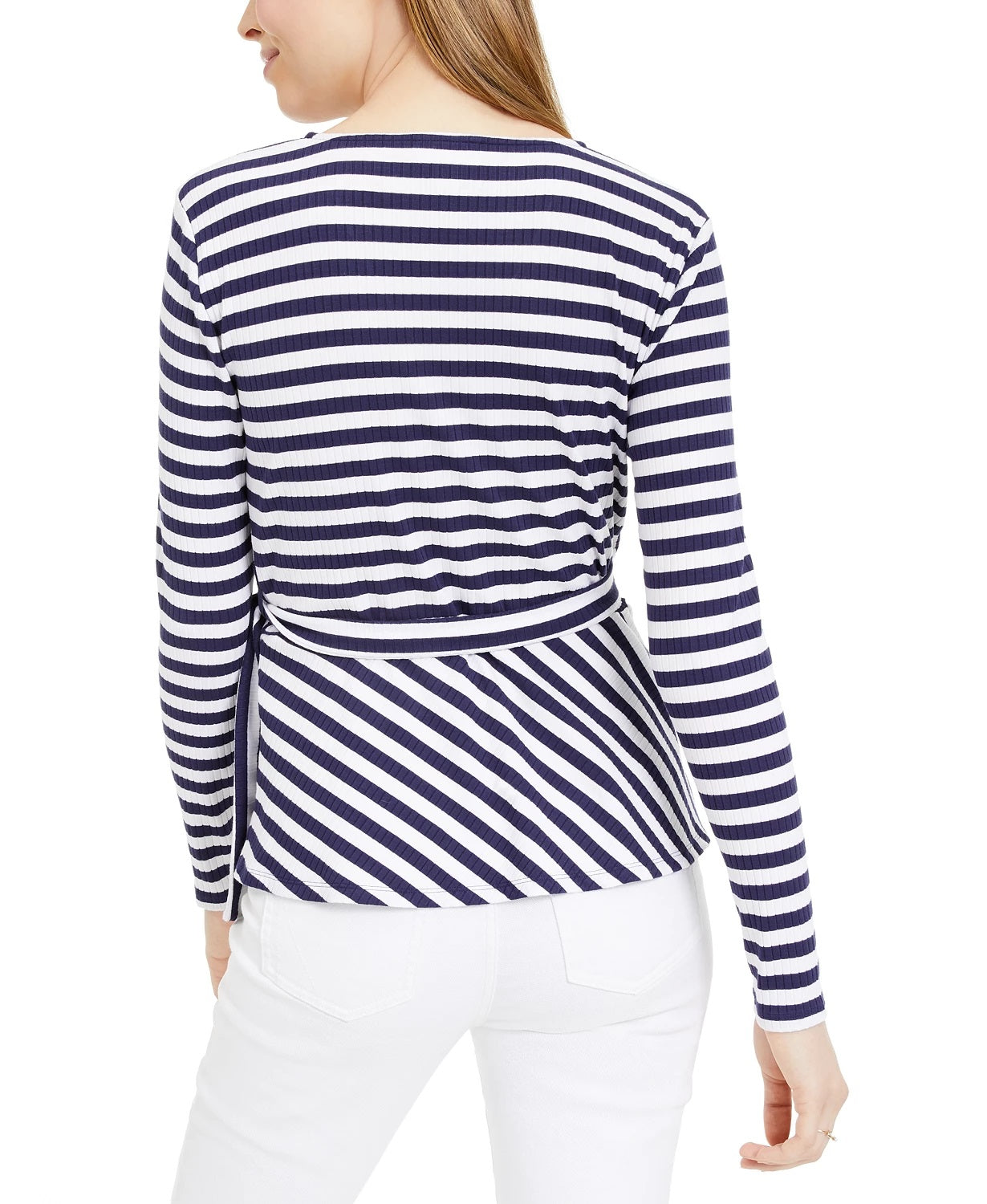 Maison Jules Women's Striped Wrap Knit Top Navy Size Small