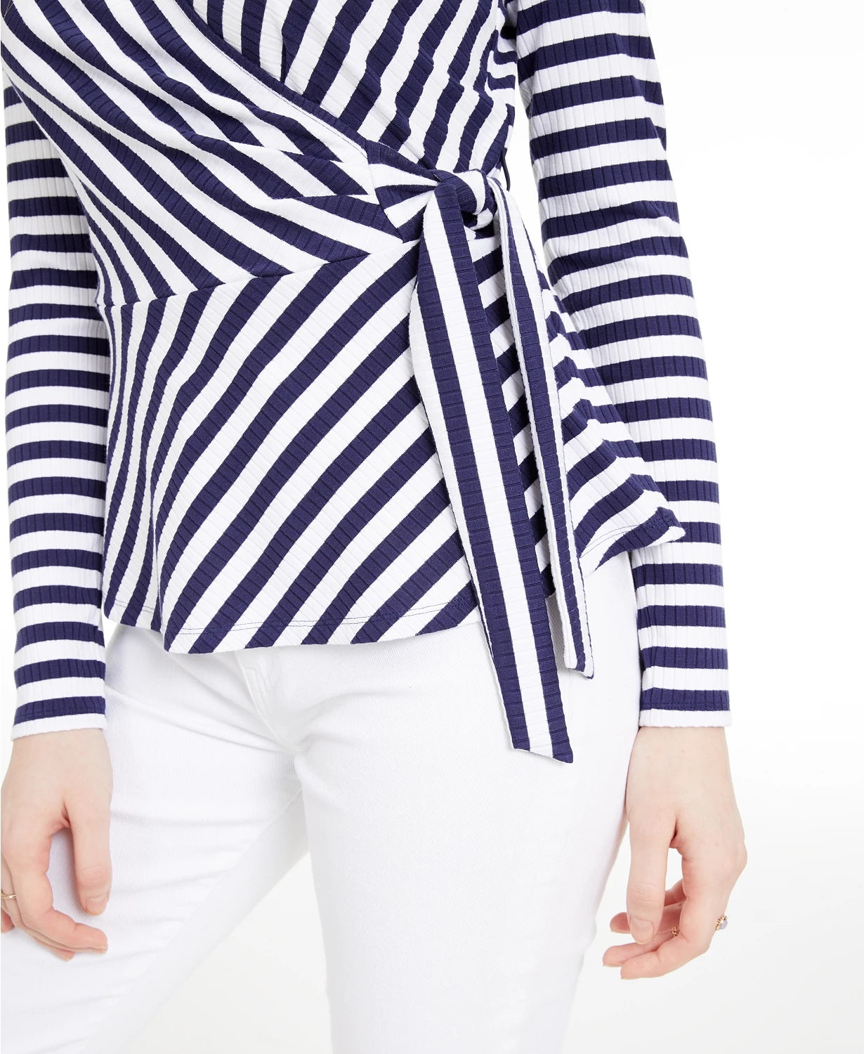 Maison Jules Women's Striped Wrap Knit Top Navy Size Small
