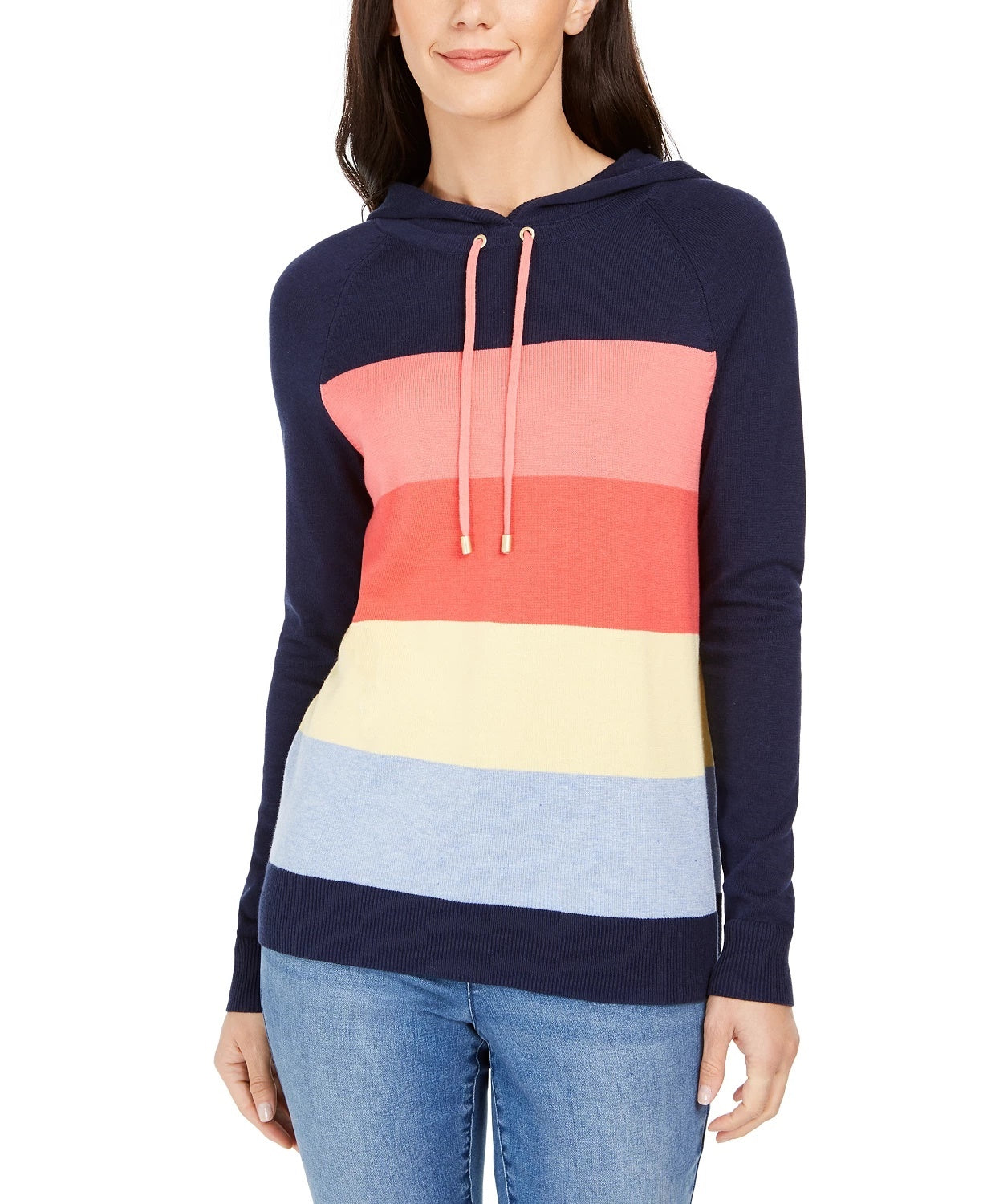 Charter Club Women's Striped Hooded Sweater Blue Size Extra Small
