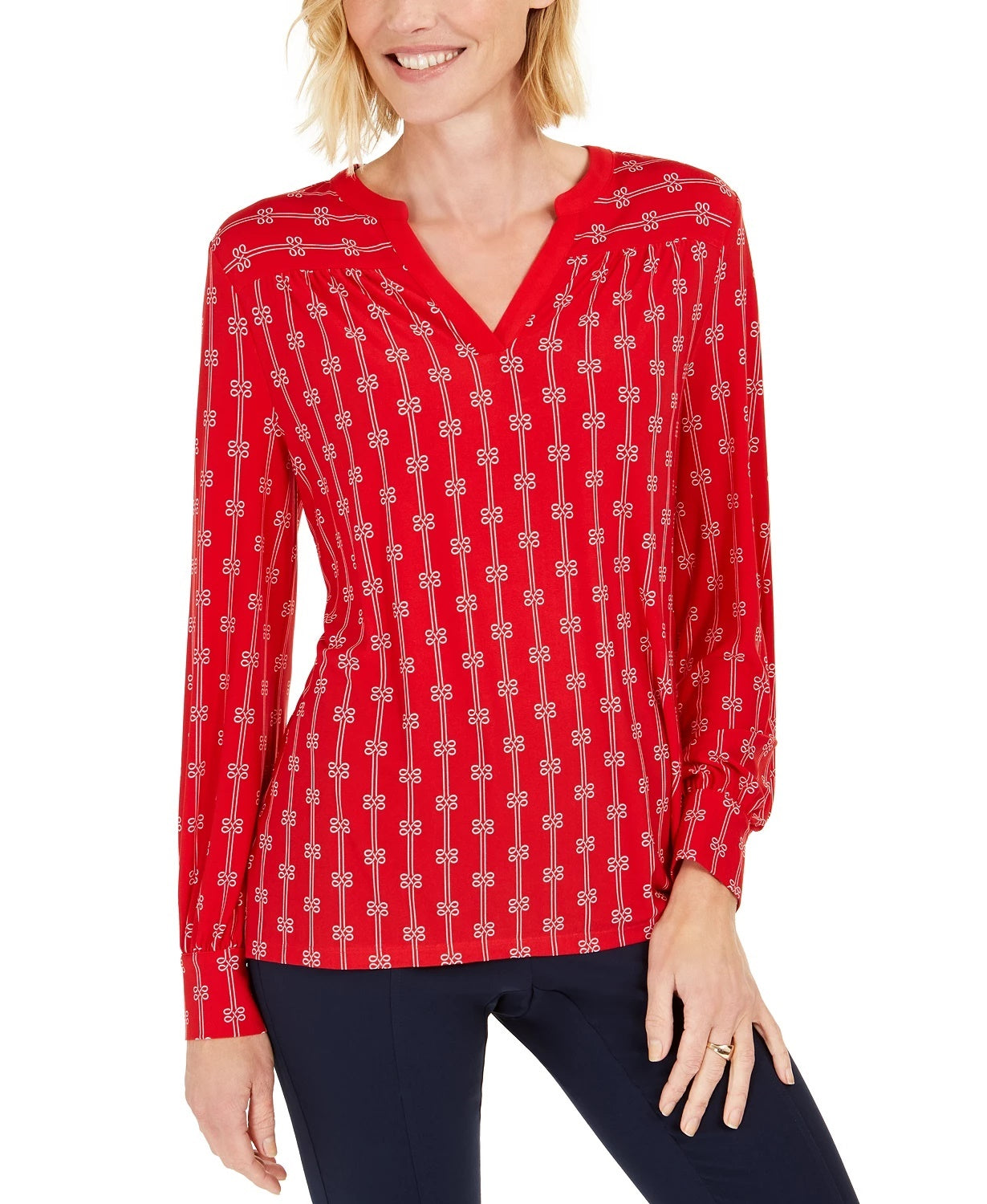 Charter Club Women's Printed Split Neck Top Blue Size Medium