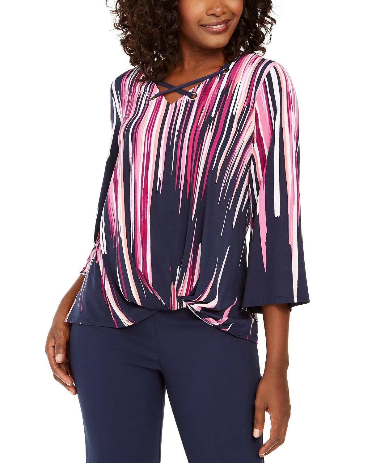 JM Women's Collection Printed Grommet-Trim Twist-Front Top Navy Size Extra Small