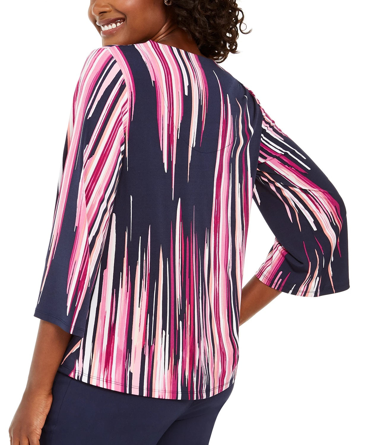JM Women's Collection Printed Grommet-Trim Twist-Front Top Navy Size Extra Small